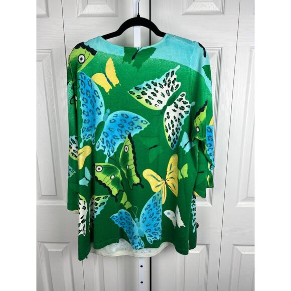 Lucia Burns Vintage Green Butterfly Print Sequin Beaded Silk Blend Sweater 2X - Picture 7 of 8